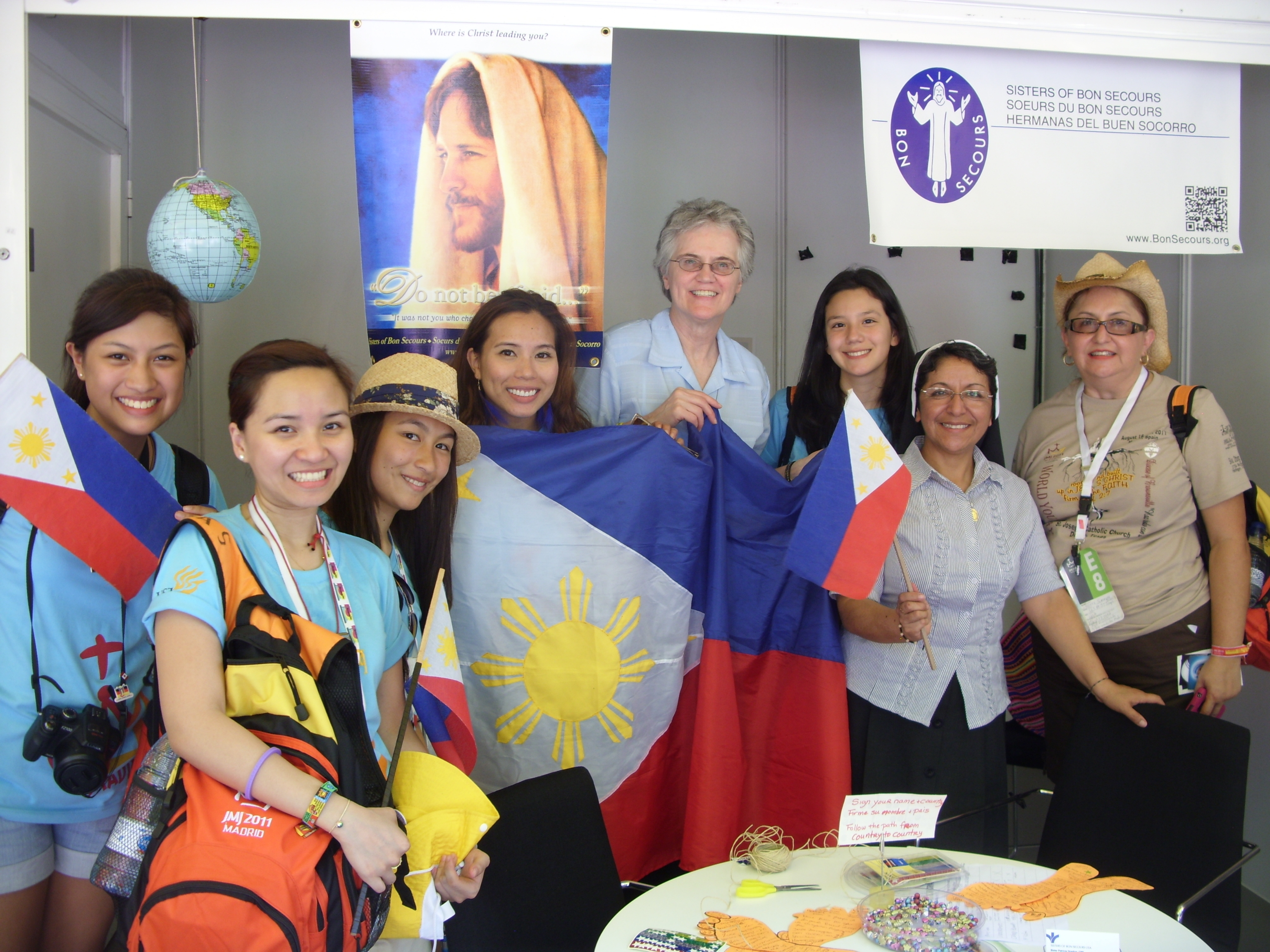 Sisters Pat Dowling and Elena Serrano met with young women from the Phillippines at the Vocation Fair in Madrid, Spain during World Youth Day 2011. Image of Sisters Pat Dowling and Elena Serrano met with young women from the Phillippines at the Vocation Fair in Madrid, Spain during World Youth Day 2011.